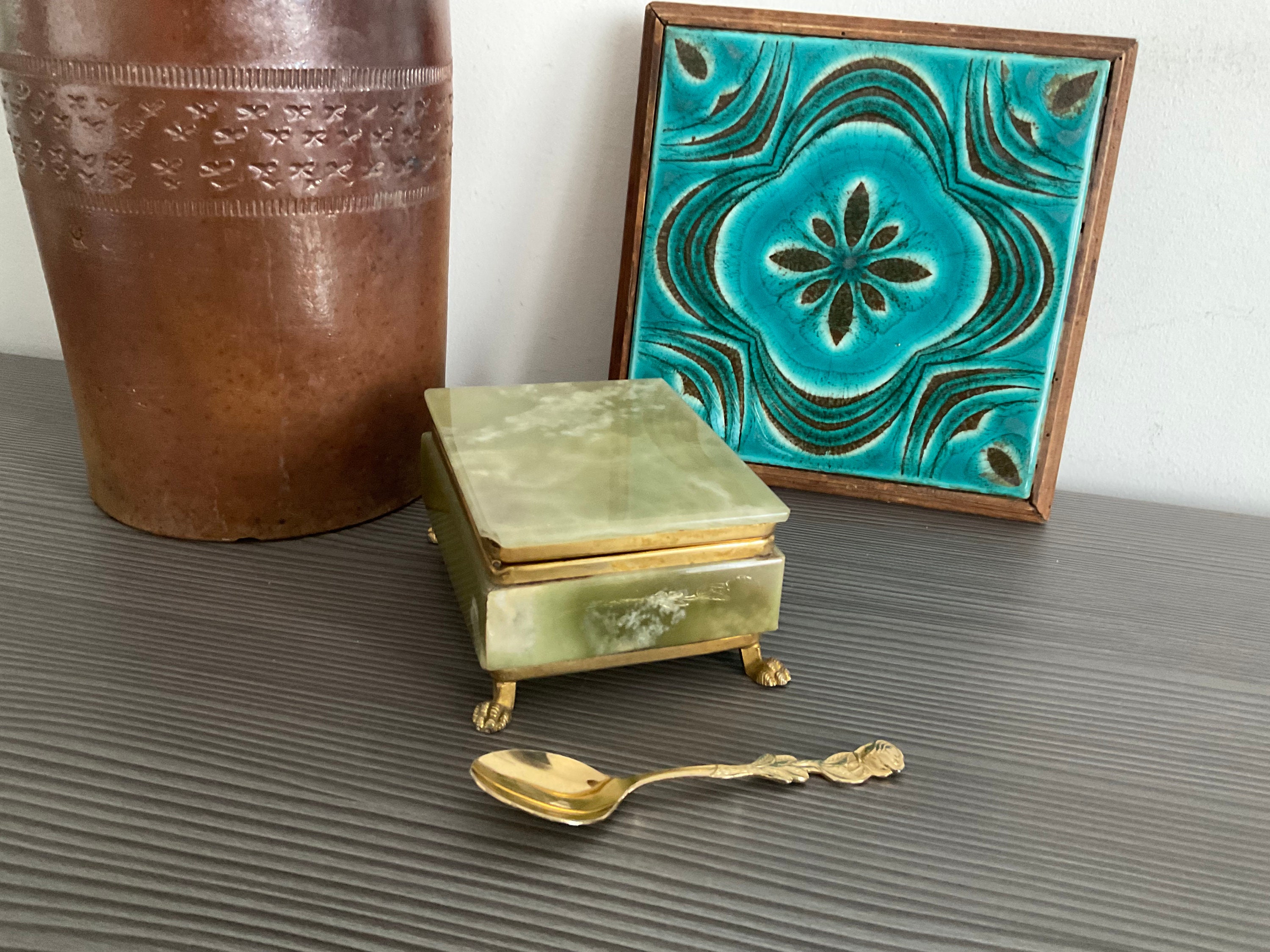 Vintage Onyx Jewelry Box Green Onyx Trinket Box With Claw Etsy