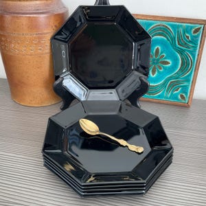 2 Arcoroc Octime Black Glass Plates: 1980s French Octagonal Side Plates