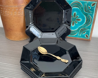 2 Arcoroc Octime Black Glass Plates: 1980s French Octagonal Side Plates