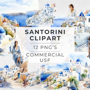 Santorini Clipart, Watercolor Travel, Summer Vacation, Greek Illustration, Woman on Holiday,  Digital Instant Download, Commercial Use png