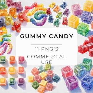 Watercolor Gummy Candy Clipart: Sour Worms & Bears (11 Transparent PNG)