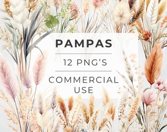 Clipart Pampas, aquarel gras, DIGITALE DOWNLOAD, gedroogde boho-bloemboeket, boho-bruiloft, commercieel gebruik, transparante png, 300 dpi