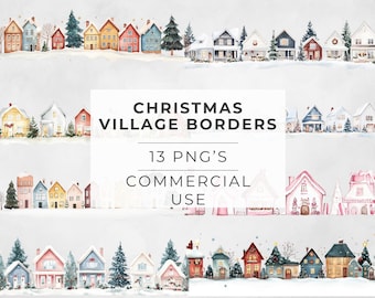 Christmas House Clipart Border, Watercolor Winter Decor Village,  Transparent PNG, Sublimation Designs, Illustrations, Commercial Use
