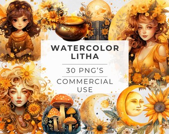 Watercolor Litha Clipart PNG Set, Floral Pagan Holiday Wiccan Art Illustrations Clip art, Summer Solstice png, Litha Sun Goddess Sublimation