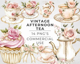 Vintage Afternoon Tea Clipart: Floral Teacups, Gold Accents (PNGs)