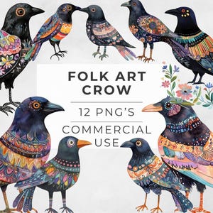 May include: Twelve digital illustrations of crows with folk art designs. The crows are depicted in various poses and have intricate patterns of colorful flowers, geometric shapes, and beads.