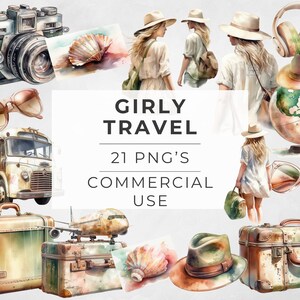 Imágenes prediseñadas de viajes femeninos, imágenes prediseñadas de viajes rosas, imágenes prediseñadas de niña viajera en acuarela, PNG de viajes femeninos, imágenes prediseñadas de verano, diseño coqueto