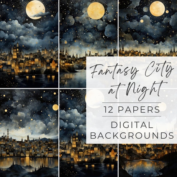 Fantasy City at Night Digital Papers, Stars, Printable Junk Journal, Scrapbooking Papers, Journal  Covers, INSTANT DOWNLOAD, JPG, 300 dpi