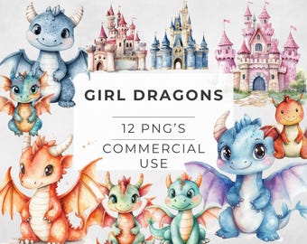 May include: A set of 12 digital illustrations of cute watercolor dragons in various colors. The dragons are all female and have wings, horns, and scales. The illustrations are perfect for use in scrapbooking, card making, and other craft projects.  GIRL DRAGONS 12 PNG'S COMMERCIAL USE