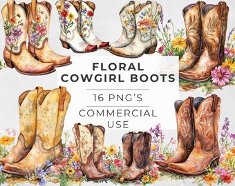 Clipart di stivali da cowgirl con fiori, fiori acquerellati, western, selvaggio West, PNG trasparente, DOWNLOAD DIGITALE, istantaneo, uso commerciale