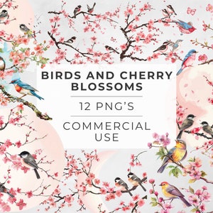 Vogels en kersenbloesems clipart, aquarel lente bruiloft, sakura, chinoiserie vogel, Bird Art Print, digitale download, commercieel gebruik
