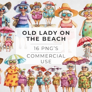 Clipart di una vecchia signora sulla spiaggia, acquerelli di donne anziane, sciocche e stravaganti, PNG trasparenti, disegni a sublimazione, illustrazioni, uso commerciale