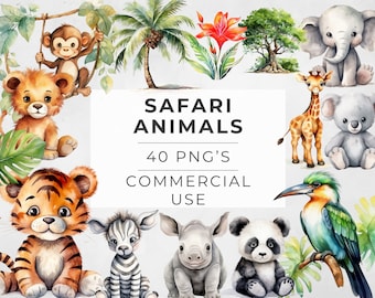 May include: Watercolor illustrations of safari animals, including a lion, tiger, zebra, rhino, panda, giraffe, elephant, monkey, and bird. The illustrations are in a cartoon style and are perfect for children's books, cards, and other projects. The text "SAFARI ANIMALS 40 PNG'S COMMERCIAL USE" is also included in the image.
