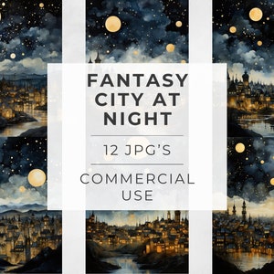 Papeles digitales de ciudad de fantasía de noche, estrellas, diario basura imprimible, papeles para scrapbooking, portadas de diario, DESCARGA INSTANTÁNEA, JPG, 300 dpi