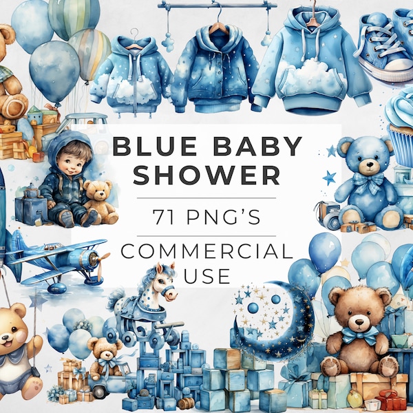 Baby Clothes Line Clipart Bundle, Baby Shower Images, Newborn, Watercolor, Blue, Boy, Stroller, Cupcakes,  Commercial Use, Transparent PNG,