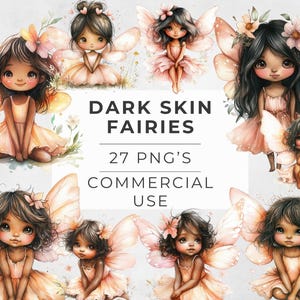 Fairy Clipart Dark Skin, Watercolor Black Girl Fairies, African American, Afro, Sublimation Designs, Commercial Use, Transparent PNG