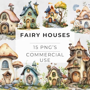 May include: A set of 15 watercolor illustrations of whimsical fairy houses. The houses are made of various materials, including wood, stone, and mushrooms. They are decorated with flowers, vines, and other natural elements. The illustrations are perfect for adding a touch of magic to any project.