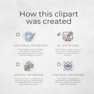 Puede incluir: Un gr&aacute;fico que explica las diferentes formas en que se crea el clipart. Las cuatro categor&iacute;as son Ilustraci&oacute;n original, Ilustraci&oacute;n de IA, Ilustraci&oacute;n mixta e Ilustraci&oacute;n vintage. Cada categor&iacute;a tiene un icono simple y una breve descripci&oacute;n.