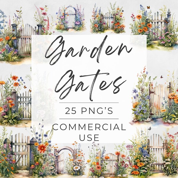 Garden Gate Clipart, Fence, Wild Flowers, Cottagecore, Gardengate, Whimsical, Rustic, Floral, Watercolor, Commercial Use, Transparent PNG,