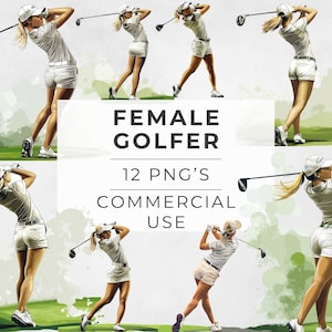 Imágenes prediseñadas de golf femenino, golfista femenina, deporte femenino, palo de golf, deporte femenino, acuarela, PNG transparente, uso comercial, diseños de sublimación