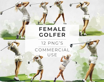 Imágenes prediseñadas de golf femenino, golfista, deporte femenino, palo de golf, acuarela, PNG transparente, uso comercial, diseños de sublimación