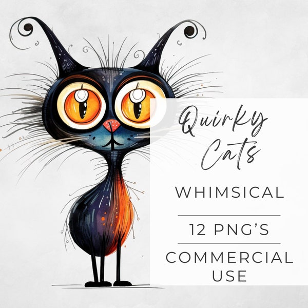 Quirky Cat Clipart, Cute Animals, Scrapbook, Watercolor, Junk Journal, Whimsical, Wall Art, Feline, Commercial Use, Transparent PNG, 300 dpi