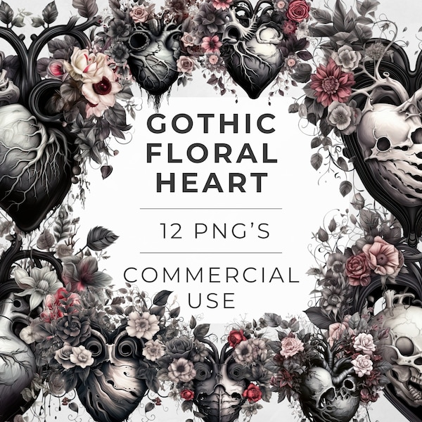 Gothic Floral Heart Clipart, Cottage Core, Valentine Image, Scrapbook, Watercolor, Junk Journal, Commercial Use, Transparent PNG, 300 dpi