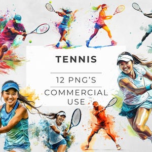 Clipart tennis, aquarelspeler, racket, bal, sport, tennisbaan, shirtontwerp, sublimatie, transparante png, digitale download, commercieel gebruik