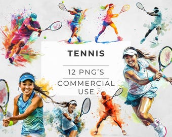 Watercolor Tennis Clipart: Player, Racket, Ball (Transparent PNG, Digital Download)