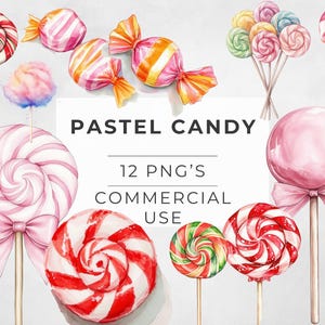 Watercolor Pastel Candy Clipart: Sweets & Treats PNG (Commercial Use)