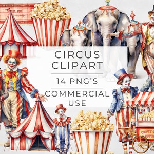 Clipart thème du cirque, Carnaval, Chapiteau de cirque, Chapiteau, Clown, Singe, Pop-corn, Talon de billet, Téléchargement numérique instantané, Usage commercial png thumbnail