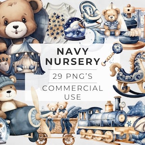 Flying Bear Clipart, Watercolor Nursery Images, Teddy Bear, Navy, Blue, Balloons, Hot Air Balloon, Digital Download, Commercial Use png