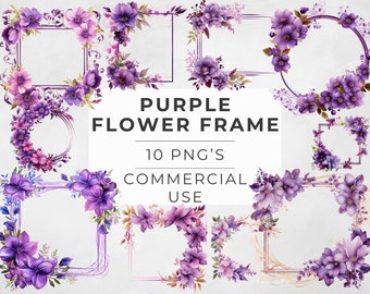 May include: A collection of ten watercolor floral frames in various shapes, featuring purple and pink flowers and foliage. The text "PURPLE FLOWER FRAME" and "10 PNG'S COMMERCIAL USE" is displayed in the center of the image.