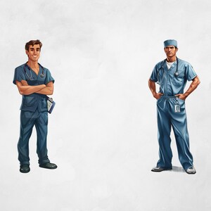 Puede incluir: Dos hombres con uniformes m&eacute;dicos azules y estetoscopios. Uno de ellos sonr&iacute;e con los brazos cruzados y sostiene un portapapeles. El otro hombre est&aacute; de pie con las manos en las caderas.