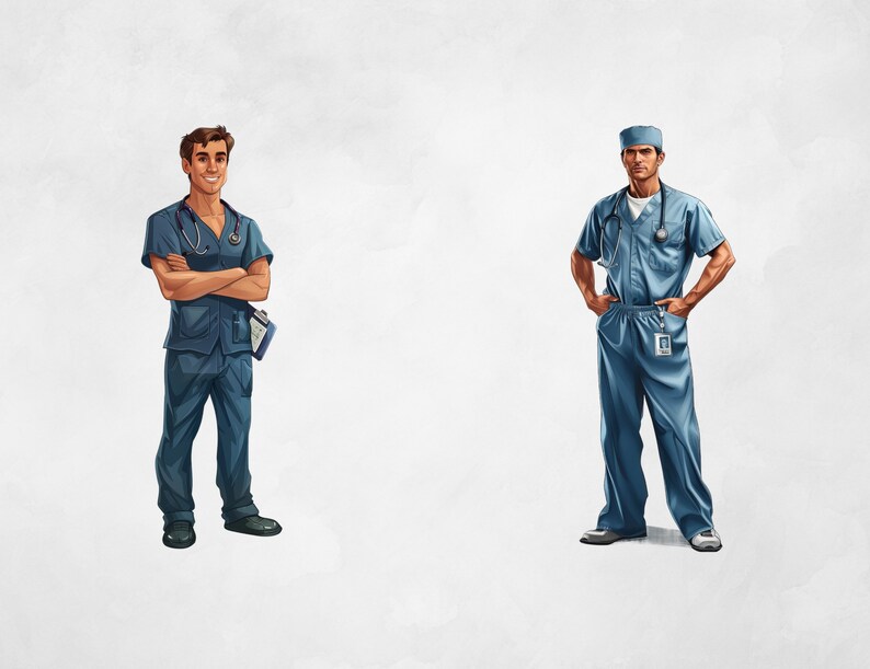 Puede incluir: Dos hombres con uniformes m&eacute;dicos azules y estetoscopios. Uno de ellos sonr&iacute;e con los brazos cruzados y sostiene un portapapeles. El otro hombre est&aacute; de pie con las manos en las caderas.