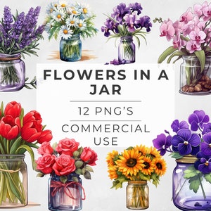 Flores en un frasco, imágenes prediseñadas, tarro de albañil, girasoles, ranúnculos, lavanda, tulipanes, rosas, PNG transparente, uso comercial, diseños de sublimación