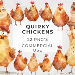 Clipart poulets originaux : éléments PNG aquarelles (téléchargement numérique)