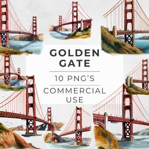 Golden Gate Clipart, Ponte, Impressão de São Francisco, Imagens da Califórnia, Aquarela, PNG transparente, Uso comercial, Designs de sublimação