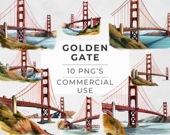 Golden Gate Bridge Clipart: San Francisco Watercolor PNG (Commercial Use)