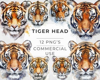Clipart di testa di tigre ad acquerello: animale selvatico PNG (download digitale)