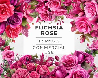 Fuchsia Rose Clipart: Watercolor Floral Bouquet (PNG, Commercial Use)