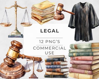 Legal Clipart, Watercolor Gavel, Courtroom Decor, Scales of Liberty, Judges Robe, Files, Transparent PNG, DIGITAL DOWNLOAD, Commercial Use