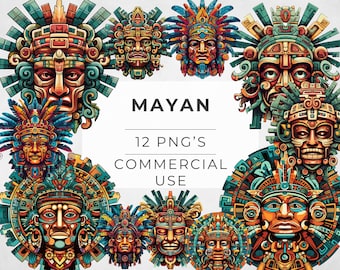 Paquete de imágenes prediseñadas de máscaras mayas: Gráficos PNG de la antigua Azteca (Uso comercial)