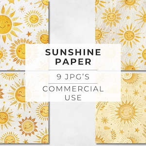 May include: A collection of watercolor digital papers with a sunshine theme. The papers feature smiling suns, stars, and clouds in shades of yellow and gold on a white background. The text "SUNSHINE PAPER" and "9 JPG'S COMMERCIAL USE" is displayed.