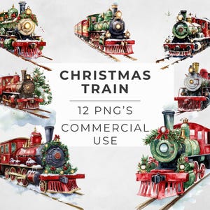 Imágenes prediseñadas de tren navideño de acuarela, vacaciones de invierno, imágenes de revistas basura, manualidades de papel, diseños de sublimación, uso comercial, PNG transparente
