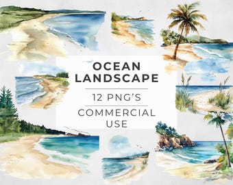 Ocean Clipart Landscape, Watercolor Beach, Nautical, Beach, Seaside, Sublimation Design,   Transparent PNG, Digital Download, Commercial Use
