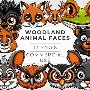 Clipart visages d'animaux des bois, animal de la forêt, renard mignon, cerf, hérisson, blaireau, hibou, PNG transparent, usage commercial, motifs par sublimation