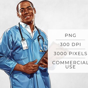 Puede incluir: Un hombre negro con una bata de laboratorio m&eacute;dica azul claro y un estetoscopio alrededor del cuello. Est&aacute; sosteniendo un portapapeles en su mano izquierda y sonriendo a la c&aacute;mara.