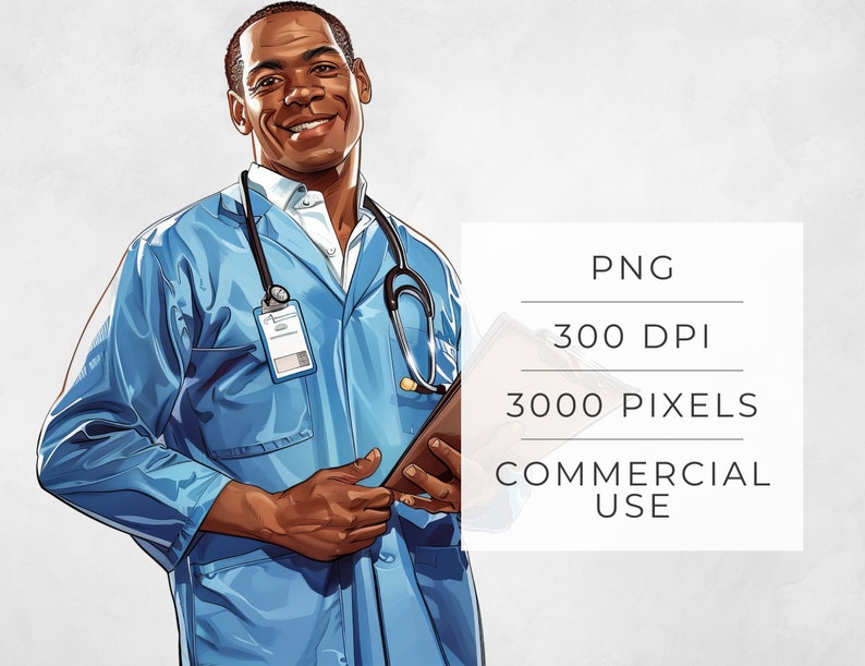 Puede incluir: Un hombre negro con una bata de laboratorio m&eacute;dica azul claro y un estetoscopio alrededor del cuello. Est&aacute; sosteniendo un portapapeles en su mano izquierda y sonriendo a la c&aacute;mara.