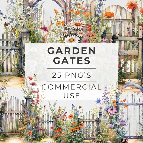 Garden Gate Clipart, Fence, Wild Flowers, Cottagecore, Gardengate, Whimsical, Rustic, Floral, Watercolor, Commercial Use, Transparent PNG,